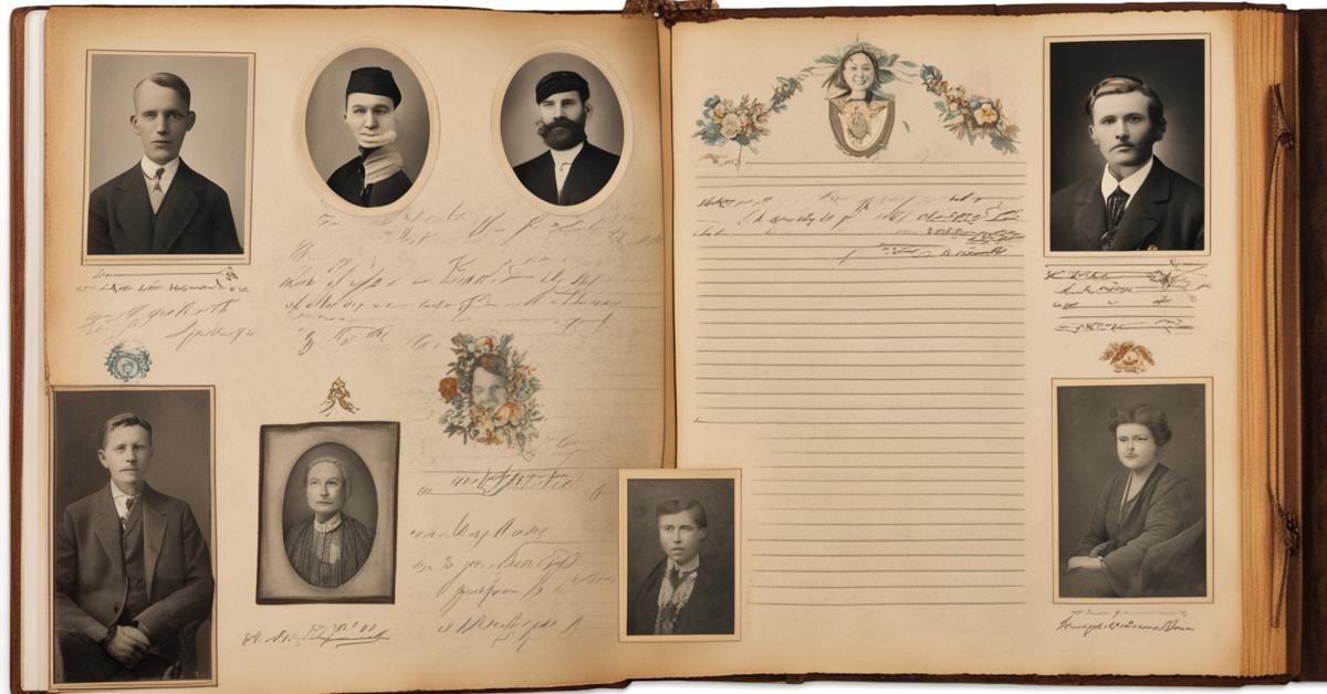 Otwarty album ze starymi rodzinnymi zdjęciami, prezentujący odręcznie pisane ukraińskie imiona obok wizerunków postaci historycznych i symboli ukraińskich.