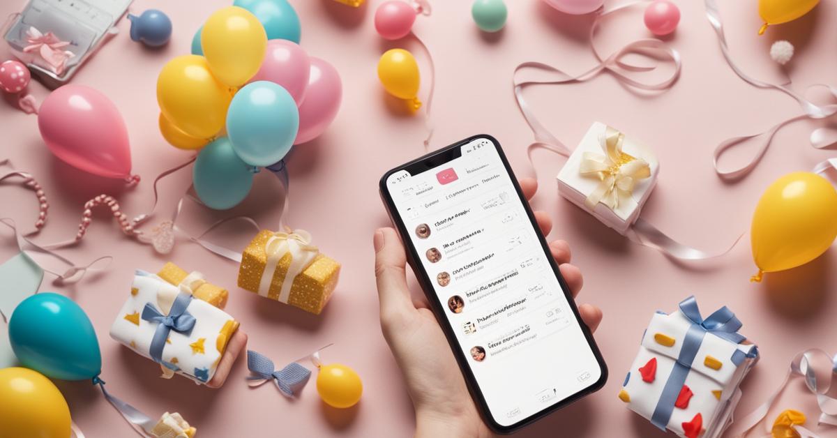 Zestawienie wiadomości SMS z gratulacjami na tle akcesoriów dziecięcych.