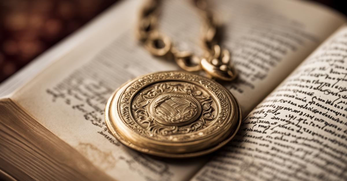 Złoty medalik z aniołem leżący na otwartej Biblii.