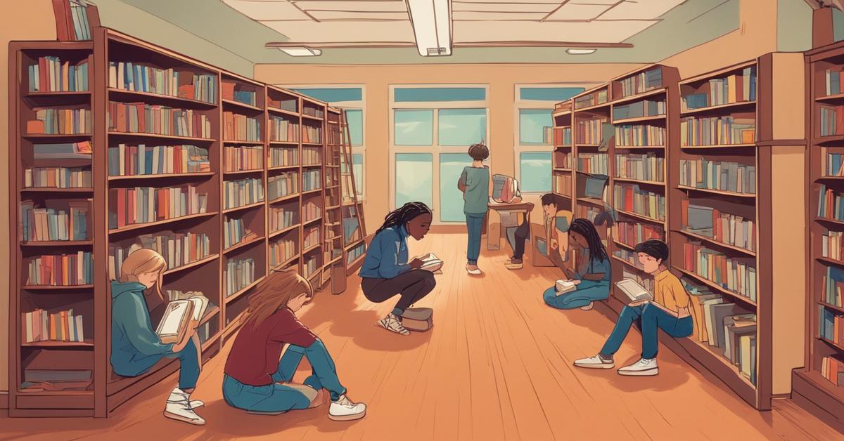 Uczniowie wybierają lektury uzupełniające w bibliotece, dzieląc się rekomendacjami i entuzjazmem.