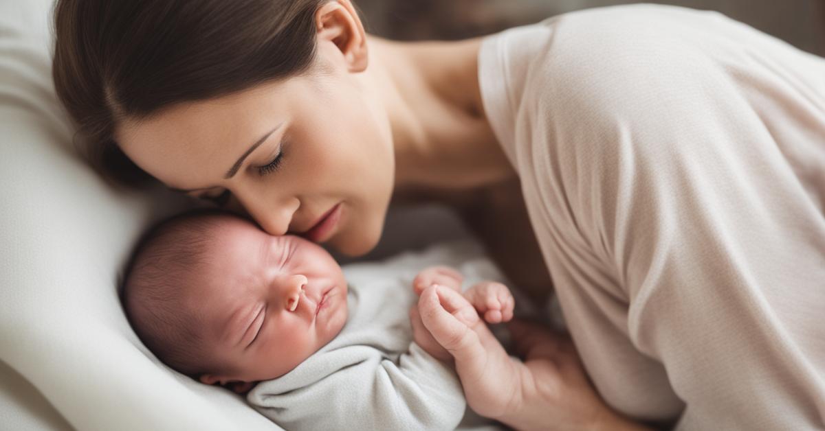 Mama delikatnie masuje brzuszek dwumiesięcznemu dziecku cierpiącemu na kolkę.