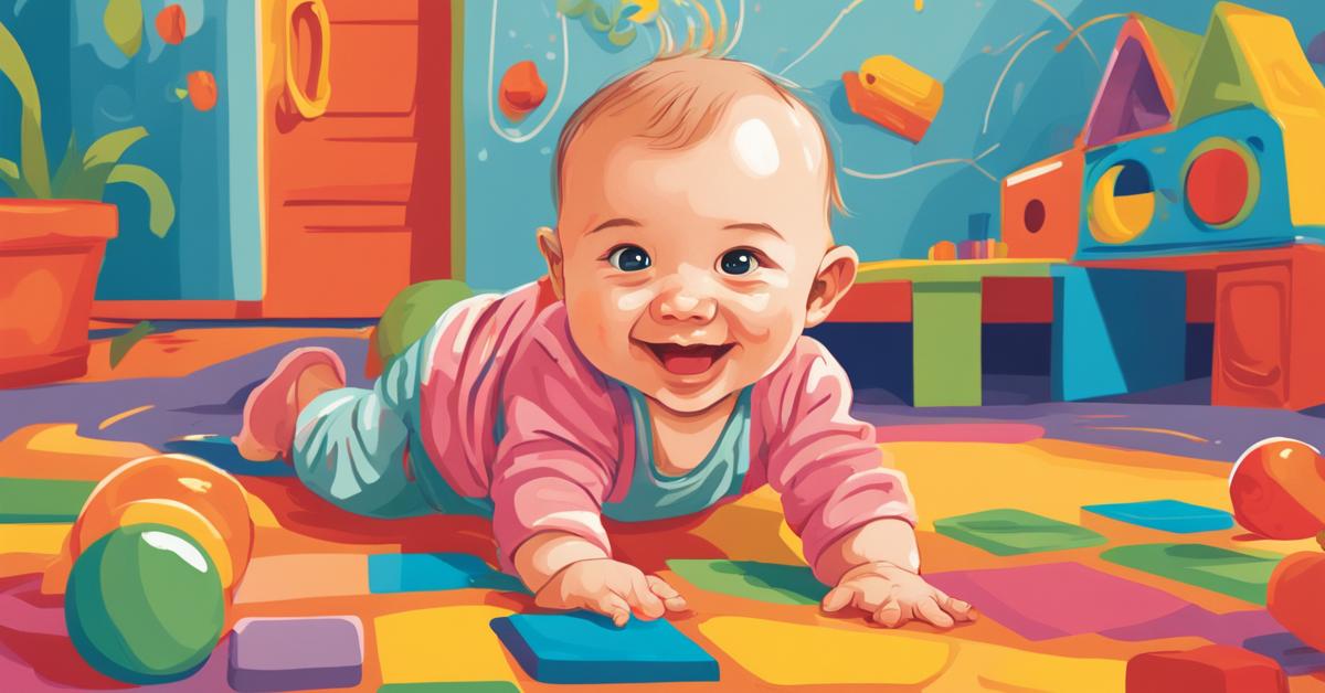 Uśmiechnięte dziecko raczkuje na macie edukacyjnej.