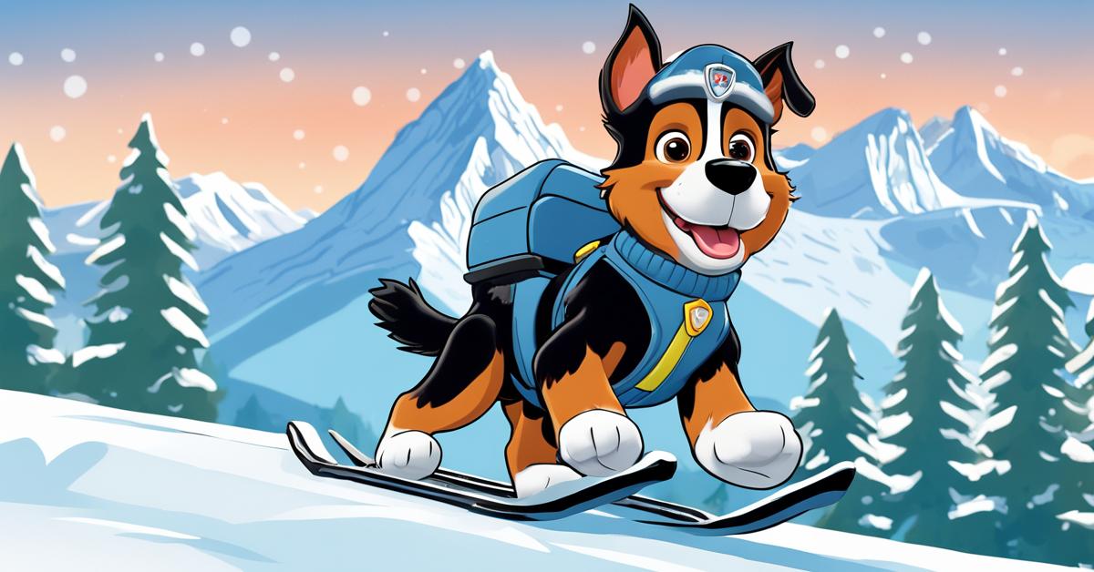 Everest z Psiego Patrolu na skuterze śnieżnym w górach.