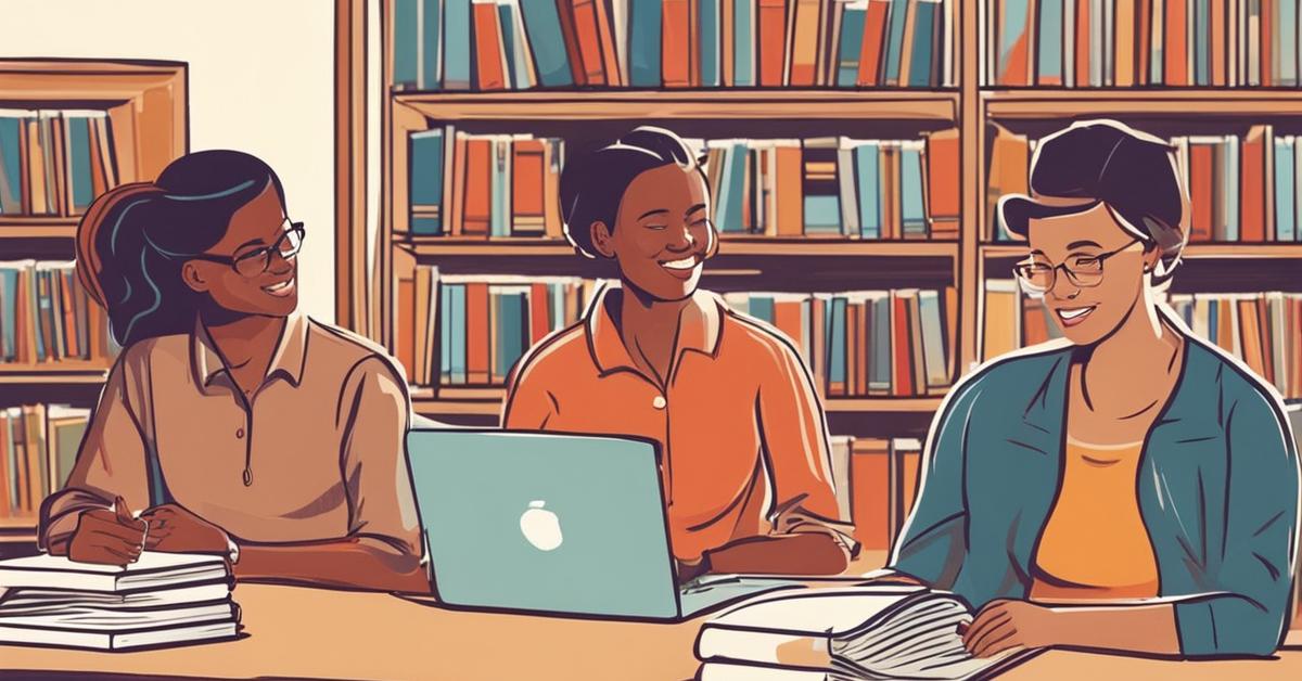 Grupa dorosłych uczniów wspólnie uczy się w bibliotece, wzajemnie się wspierając.