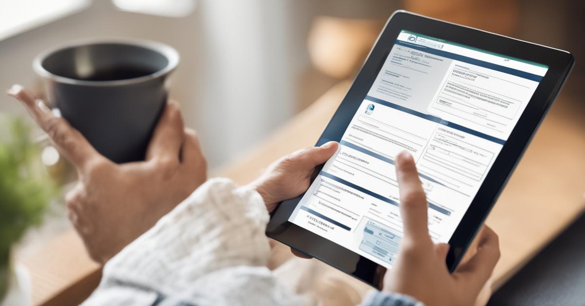 Rodzic wypełnia wniosek online o świadczenie na tablecie w domowym zaciszu.