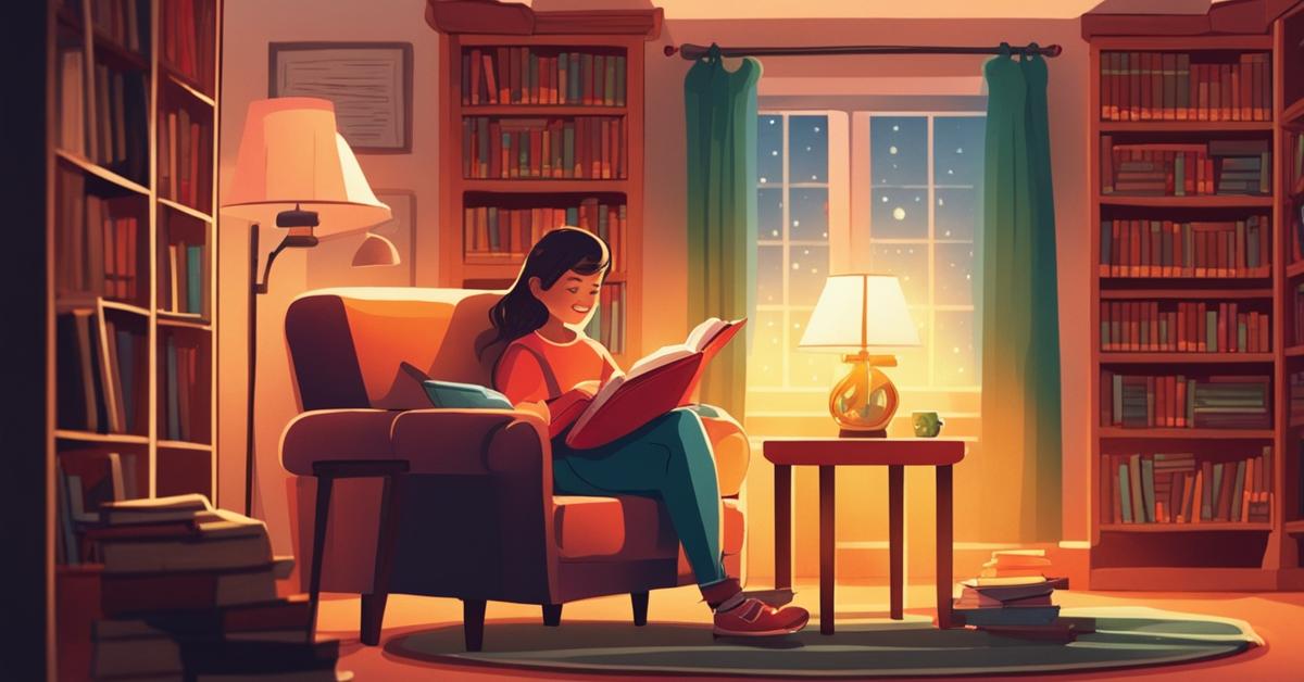 Dziecko i rodzic czytają razem książkę w przytulnej biblioteczce.