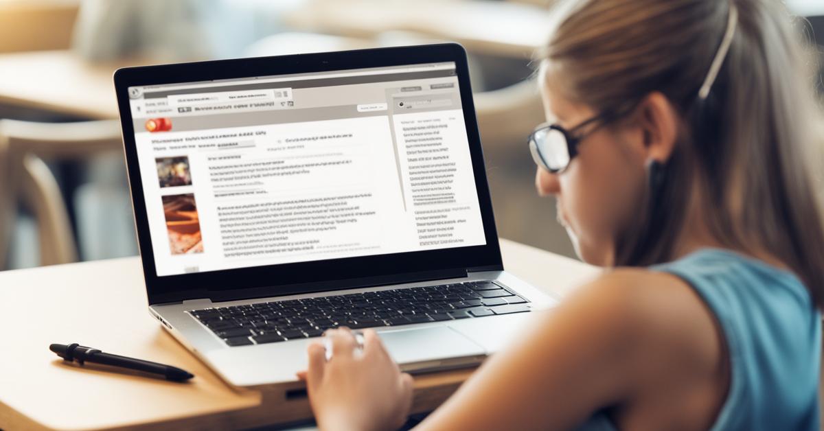 Uczeń korzysta z zasobów edukacyjnych online na laptopie.