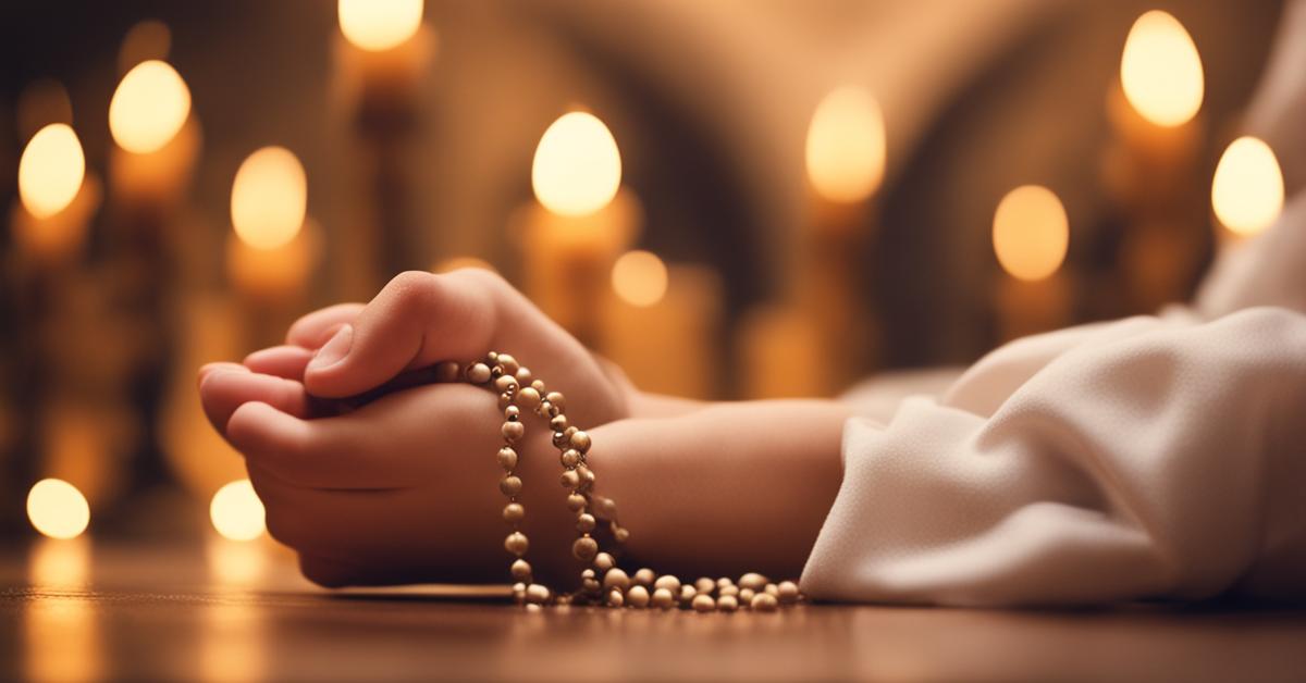 Ręce dziecka trzymające różaniec podczas przygotowań do Pierwszej Komunii Świętej.