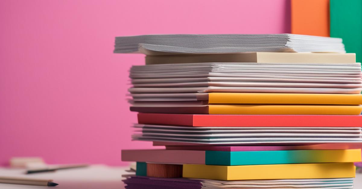 Stos bloków rysunkowych i technicznych o różnej fakturze papieru.