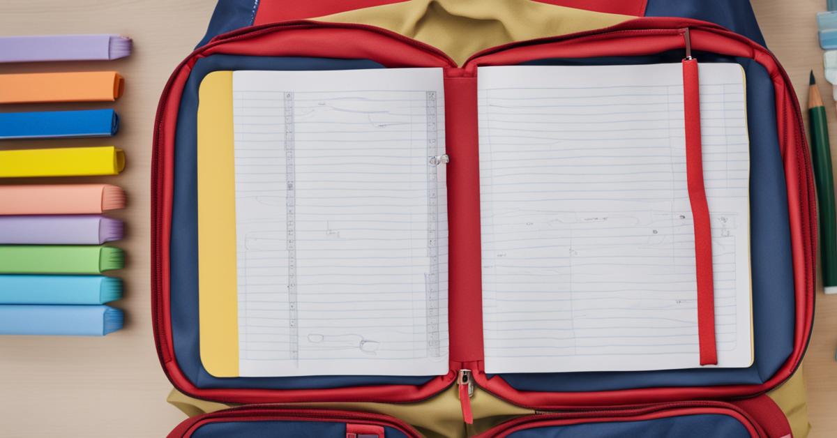 Wnętrze plecaka szkolnego zorganizowane z kolorowymi zeszytami i innymi przyborami.